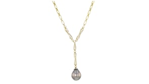 C. 1990 Vintage 15x12mm Cultured Black Pearl Y-Necklace with .85 ct. t.w. Diamonds in 18kt Two-Tone Gold
