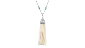 C. 1980 Vintage 2.35 ct. t.w. Diamond and Seed Pearl Tassel Pendant Necklace with 1.20 ct. t.w. Emeralds in 18kt White Gold and