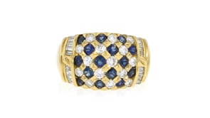 C. 1980 Vintage 1.19 ct. t.w. Sapphire and 1.08 ct. t.w. Diamond Checkerboard Ring in 18kt Yellow Gold