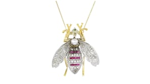 C. 1970 Vintage 6mm Cultured Pearl and .78 ct. t.w. Diamond Bumblebee Necklace with .40 ct. t.w. Rubies in Platinum and 18kt Yel