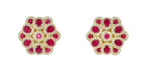 C. 2000 Vintage 5.55 ct. t.w. Ruby and 1.24 ct. t.w. Diamond Flower Earrings in 18kt Yellow Gold
