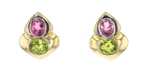 C. 1980 Vintage 5.60 ct. t.w. Pink Tourmaline and 5.20 ct. t.w. Peridot Earrings in 18kt Yellow Gold and Sterling Silver