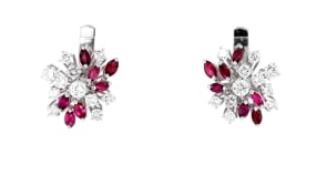 C. 1980 Vintage 2.60 ct. t.w. Diamond and 2.00 ct. t.w. Ruby Cluster Earrings in 18kt White Gold