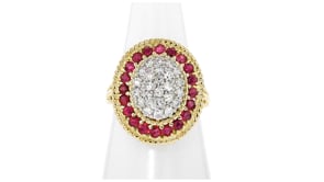 C. 1980 Vintage 1.20 ct. t.w. Ruby and .75 ct. t.w. Diamond Cocktail Ring in 18kt Yellow Gold
