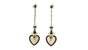C. 1980 Vintage Onyx, 1.30 ct. t.w. Sapphire and .45 ct. t.w. Diamond Heart Drop Earrings in 14kt Yellow Gold