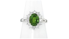C. 1990 Vintage 2.37 Carat Green Tourmaline and .66 ct. t.w. Diamond Ring in Platinum