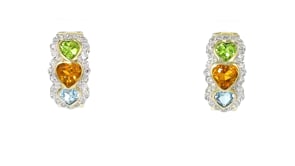 C. 1980 Vintage 3.20 ct. t.w. Multi-Gemstone Heart Curved Earrings with .85 ct. t.w. Diamonds in 14kt Yellow Gold