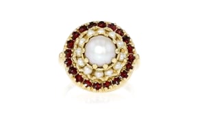 C. 1950 Vintage 2.4-7mm Cultured Pearl and 1.00 ct. t.w. Garnet Ring in 14kt Yellow Gold