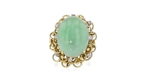 C. 1960 Vintage Jade and .20 ct. t.w. Diamond Cocktail Ring in 14kt Yellow Gold