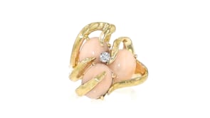 C. 1970 Vintage Coral Ring with Single Diamond in 14kt Yellow Gold