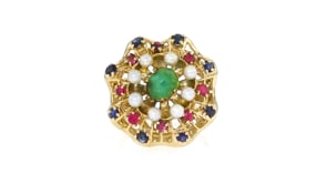 C. 1980 Vintage 2.15 ct. t.w. Multi-Gemstone Ring with 2.5mm Cultured Pearls in 14kt Yellow Gold