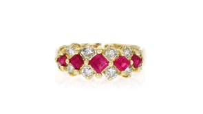 C. 2000 Vintage .85 ct. t.w. Ruby and .60 ct. t.w. Diamond Ring in 14kt Yellow Gold