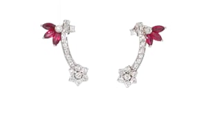 C. 1980 Vintage .75 ct. t.w. Ruby and .60 ct. t.w. Diamond Drop Earrings in 18kt White Gold