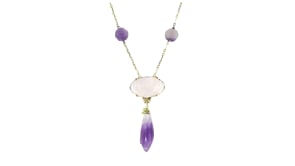 C. 1950 Vintage 23.00 ct. t.w. Amethyst and 7.00 Carat Rose Quartz Necklace in 14kt Yellow Gold