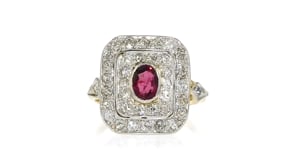 C. 1920 Vintage .65 Carat Ruby Ring with .55 ct. t.w. Diamonds in Platinum and 14kt Yellow Gold