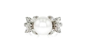 C. 1990 Vintage 9mm Cultured Pearl Ring with .43 ct. t.w. Diamonds in 14kt White Gold