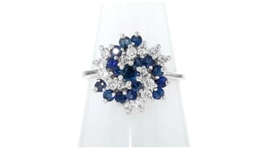 C. 1990 Vintage 1.10 ct. t.w. Sapphire and .55 ct. t.w. Diamond Swirl Ring in 14kt White Gold