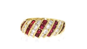C. 1990 Vintage 1.25 ct. t.w. Ruby and .80 ct. t.w. Diamond Striped Ring in 18kt Yellow Gold