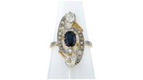 C. 2020 Vintage 1.10 Carat Sapphire Ring with 1.20 ct. t.w. Diamonds in Platinum and 18kt Yellow Gold