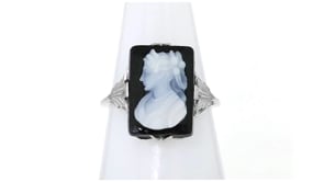 C. 1950 Vintage Black Agate Cameo Ring in 14kt White Gold