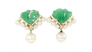 C. 1950 Vintage 4-9mm Cultured Pearl and Jade Drop Earrings in 14kt Yellow Gold
