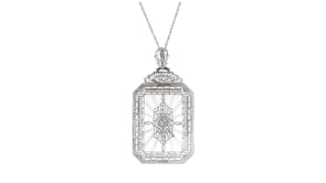 C. 1950 Vintage 17.00 Carat Rock Crystal Openwork Pendant Necklace with Single Diamond in 14kt White Gold