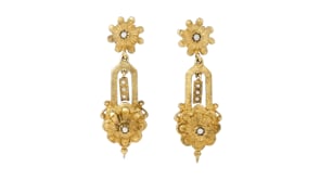 C. 1970 Vintage Seed Pearl Floral Drop Earrings in 14kt Yellow Gold