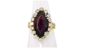 C. 1980 Vintage 6.50 Carat Garnet and .75 ct. t.w. Diamond Cocktail Ring in 14kt Yellow Gold