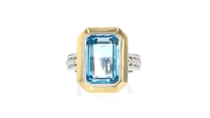 Gabriel Designs 9.75 Carat Swiss Blue Topaz Ring in Sterling Silver and 14kt Yellow Gold