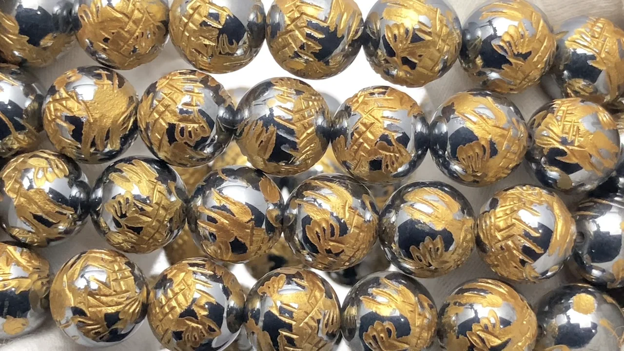 金色！龍の彫刻入り！高純度テラヘルツ鉱石 ラウンド10mm ｜天然石