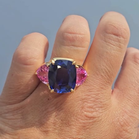 Large Sapphire and Pink Tourmaline Three Stone Ring (17.5 TCW)