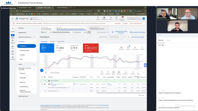 Kampagnen-Strategie für Handwerker, Conversion-Schwankungen und externe Faktoren, Probleme mit der Abrechnung & Google Support, Sinn und Unsinn von Lead-Formular-Erweiterungen & Cookie-Banner und Tracking-Alternativen mit Michael Klein vom 01.12.25