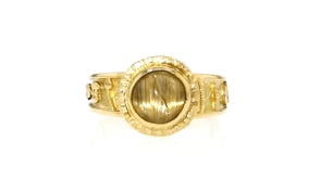 C. 1980 Vintage Golden Rutilated Quartz Hieroglyphics Ring in 18kt Yellow Gold