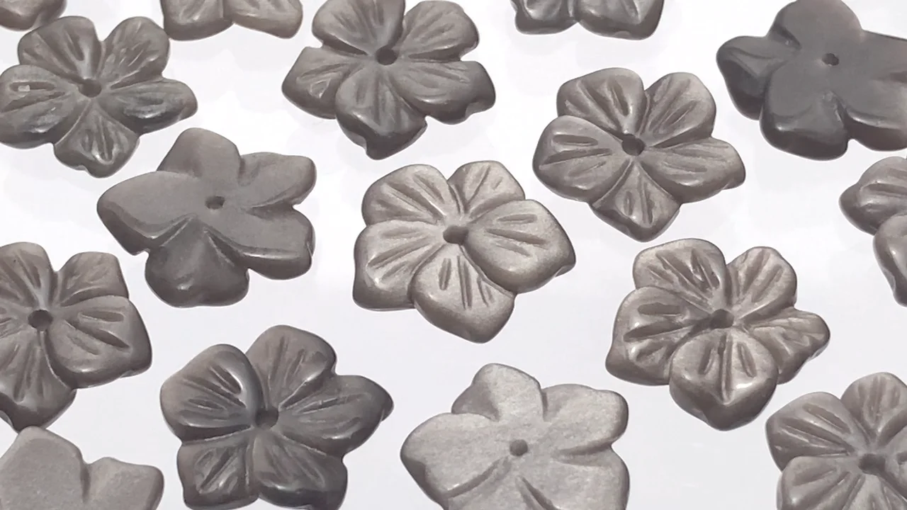 シルバーオブシディアン フラワー14mm 中央穴 2個｜天然石ビーズの卸