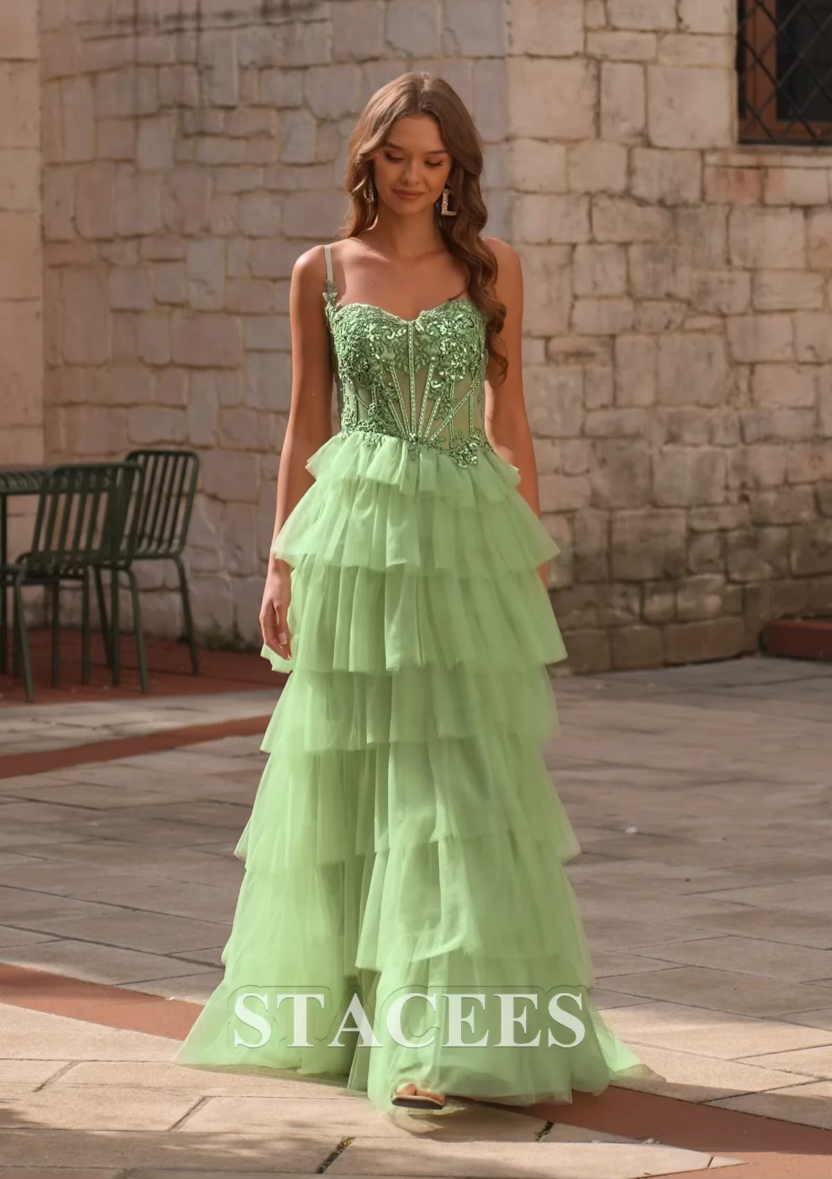 a-line corset tiered ruffle slit prom dress with appliqued sequins Sherri Hill Ruffle Sequin Corset Prom Dress 56982