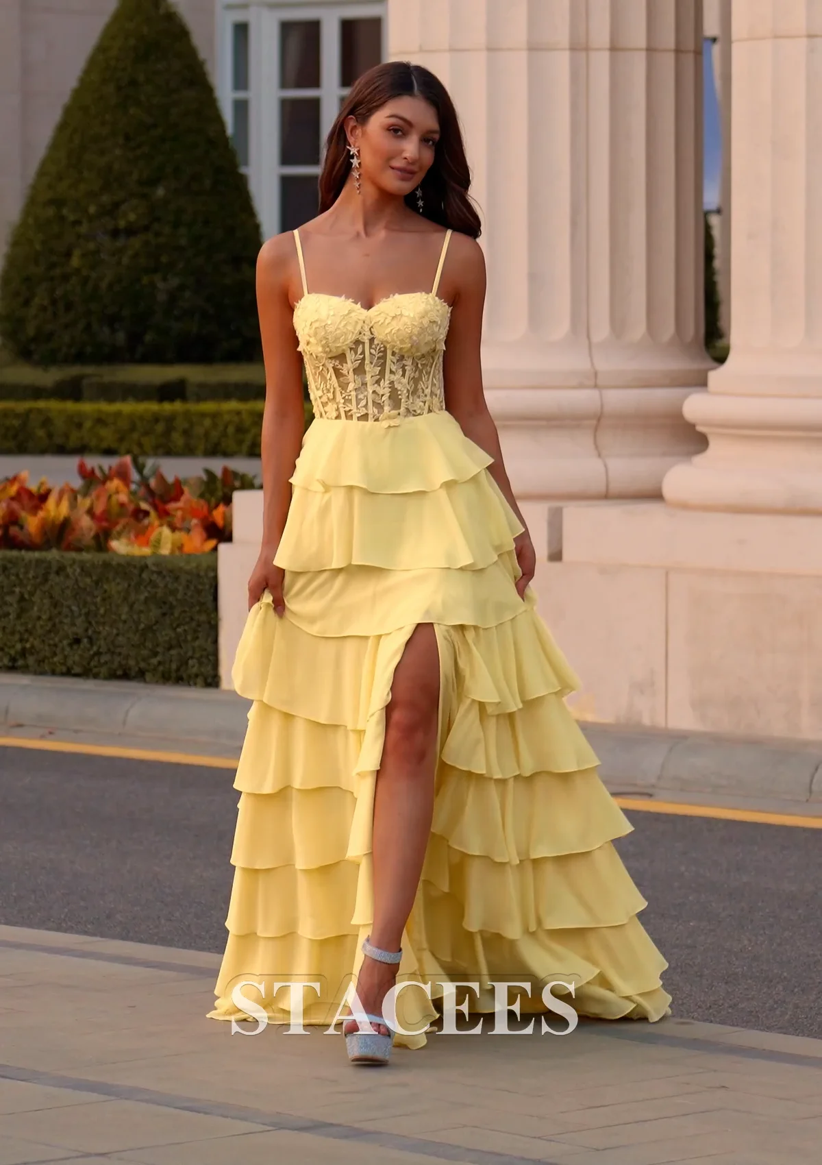 A-line Sheer Floral Appliques Corset Chiffon Tiered Ruffle Slit
