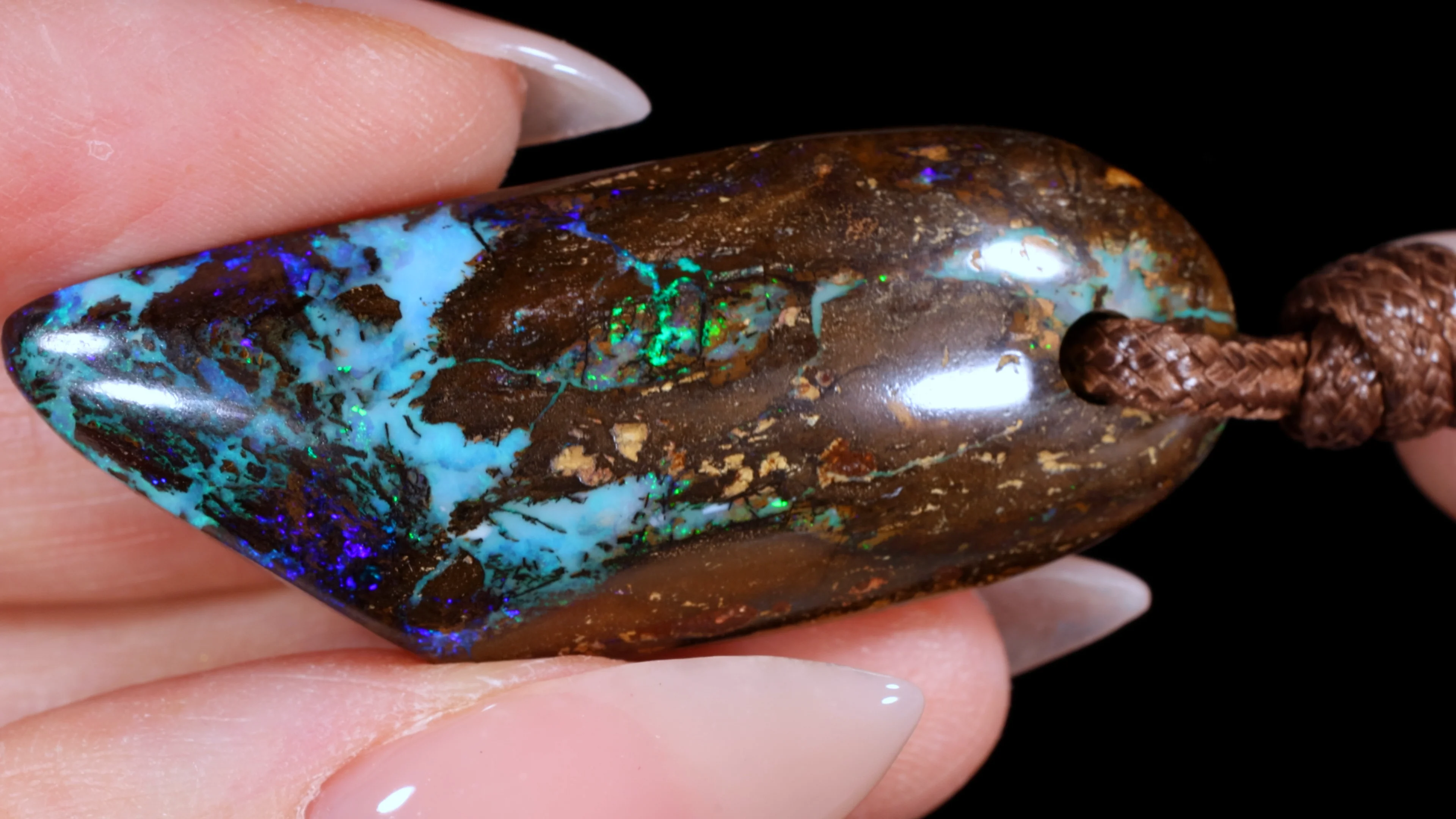64ct Wood Fossil Boulder Opal Pendant Blue Green Fire