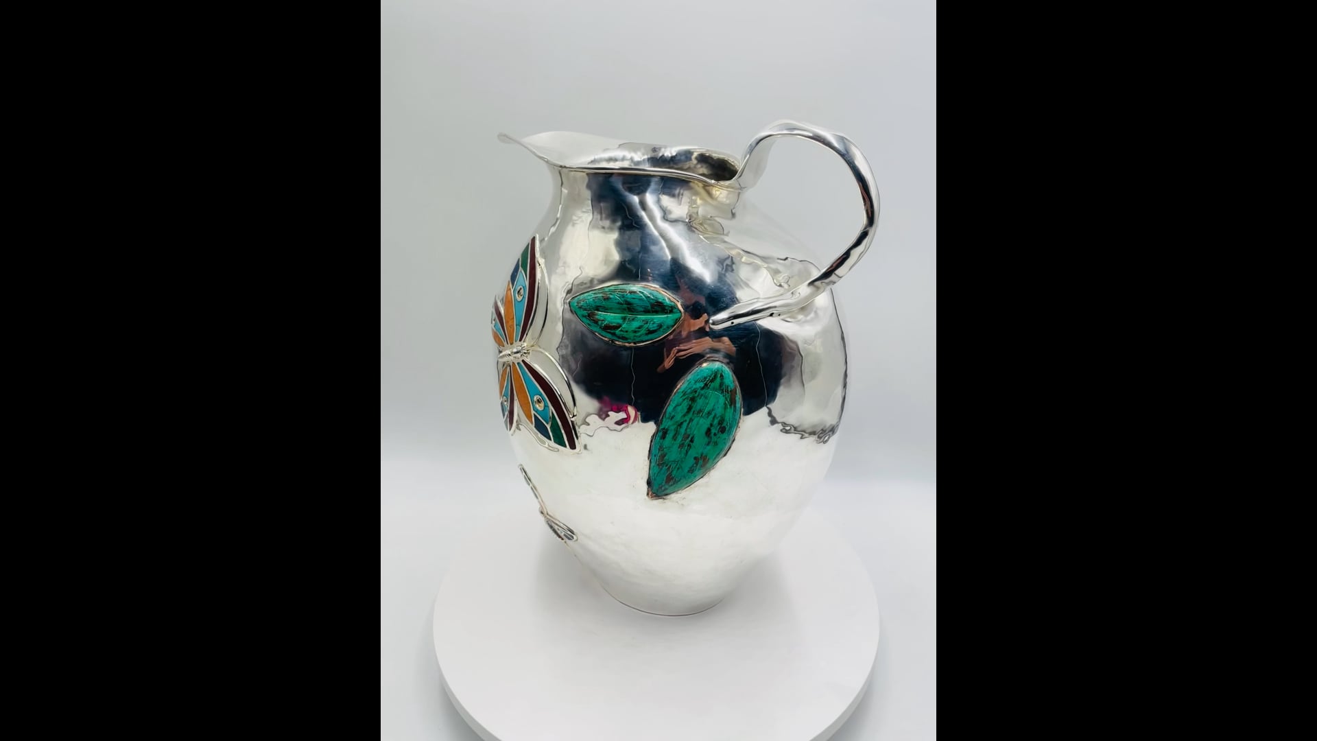 Emilia Castillo Oversized Silver Pitcher with Stone Inlay, Taxco