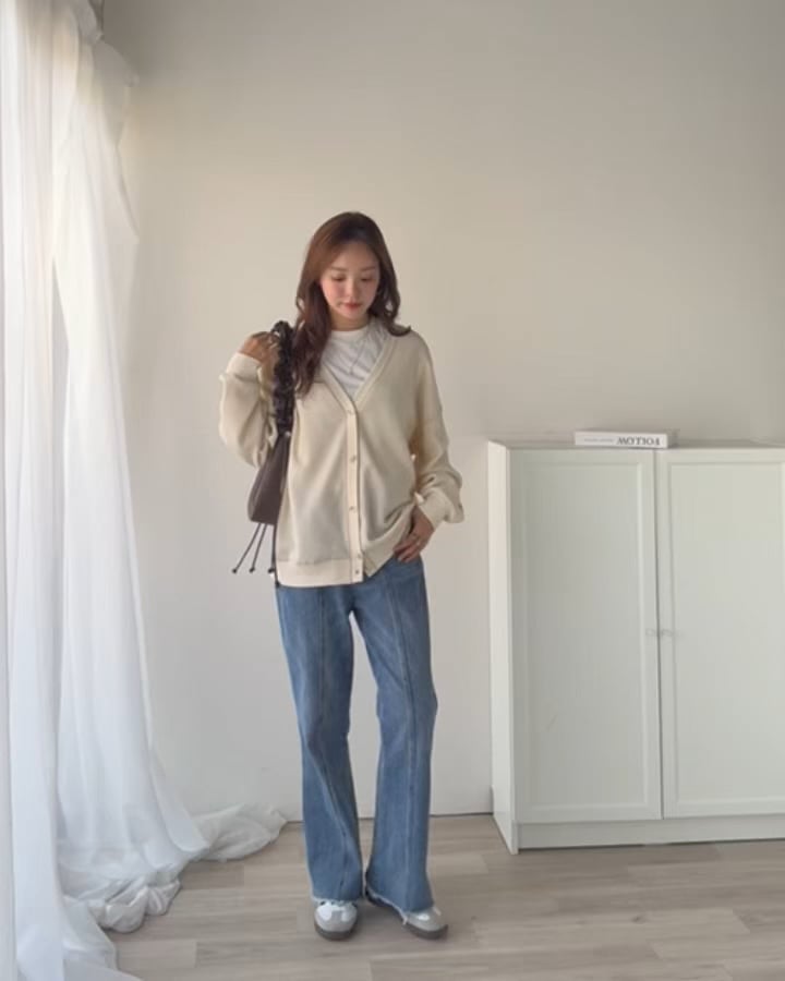 JaVaジャバコラボ》配色ステッチVネックワッフルカーディガンjv1260505