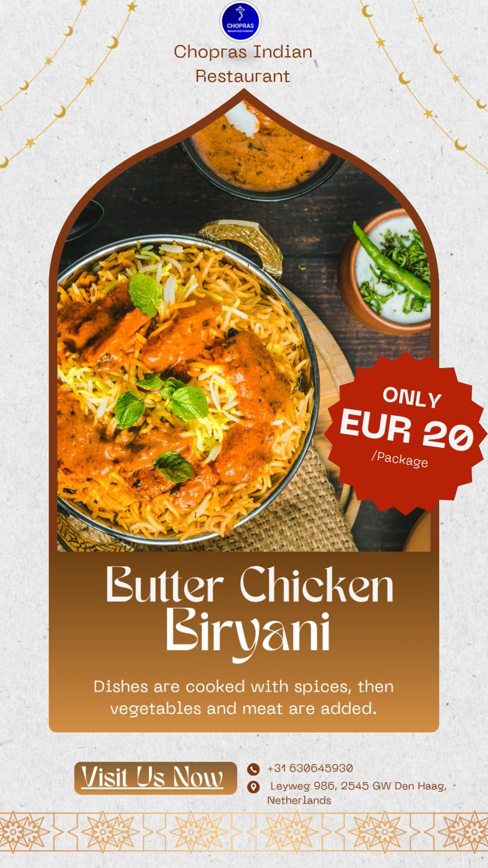 Chopras Indian Restaurant Presents the Royal Flavor and Comfort of Butter Chicken Biryani
