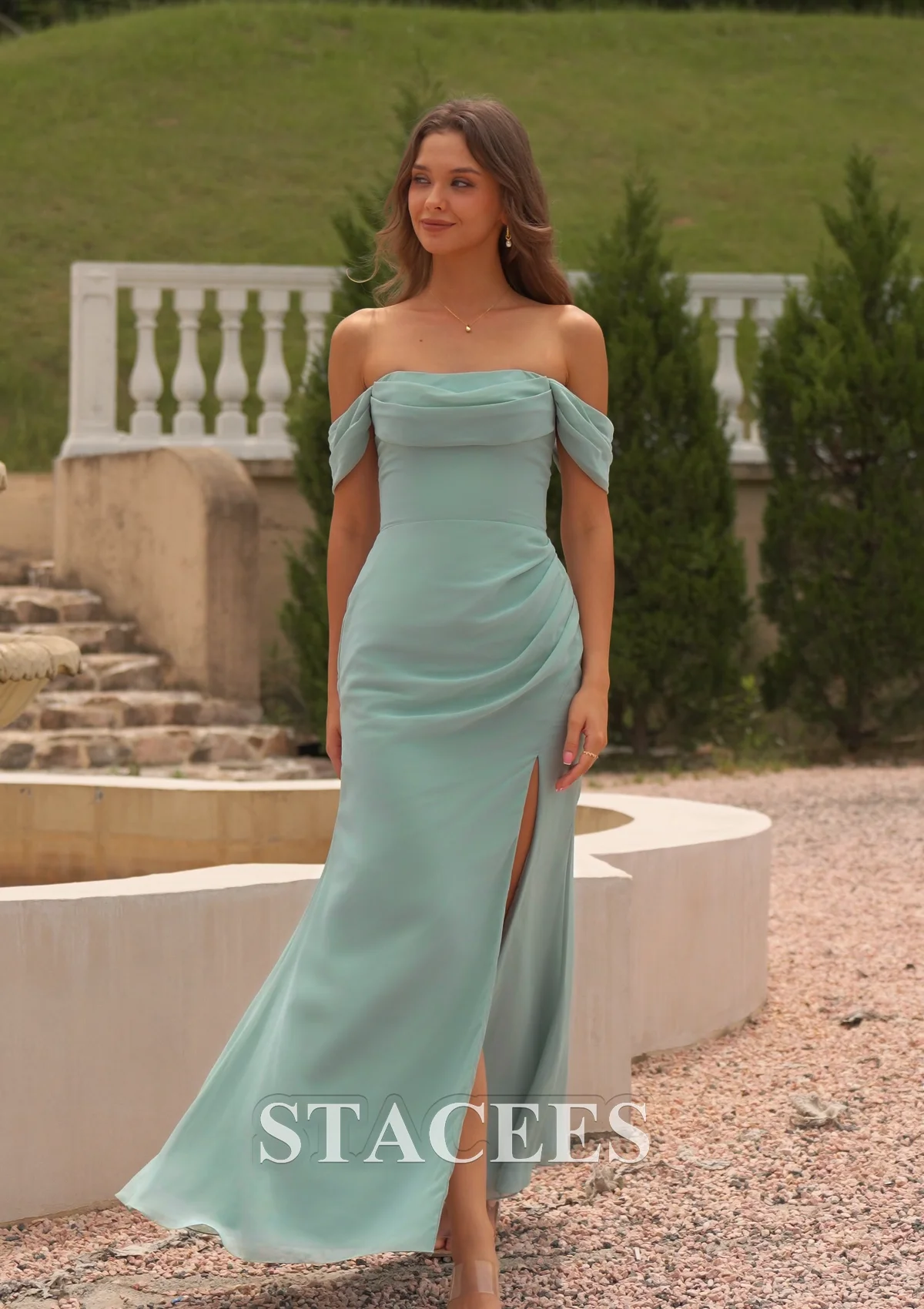 d bridesmaid dresses Stacees Off-Shoulder Chiffon Grape Dress with Pleats Front Kurta With Ethnic Jacket