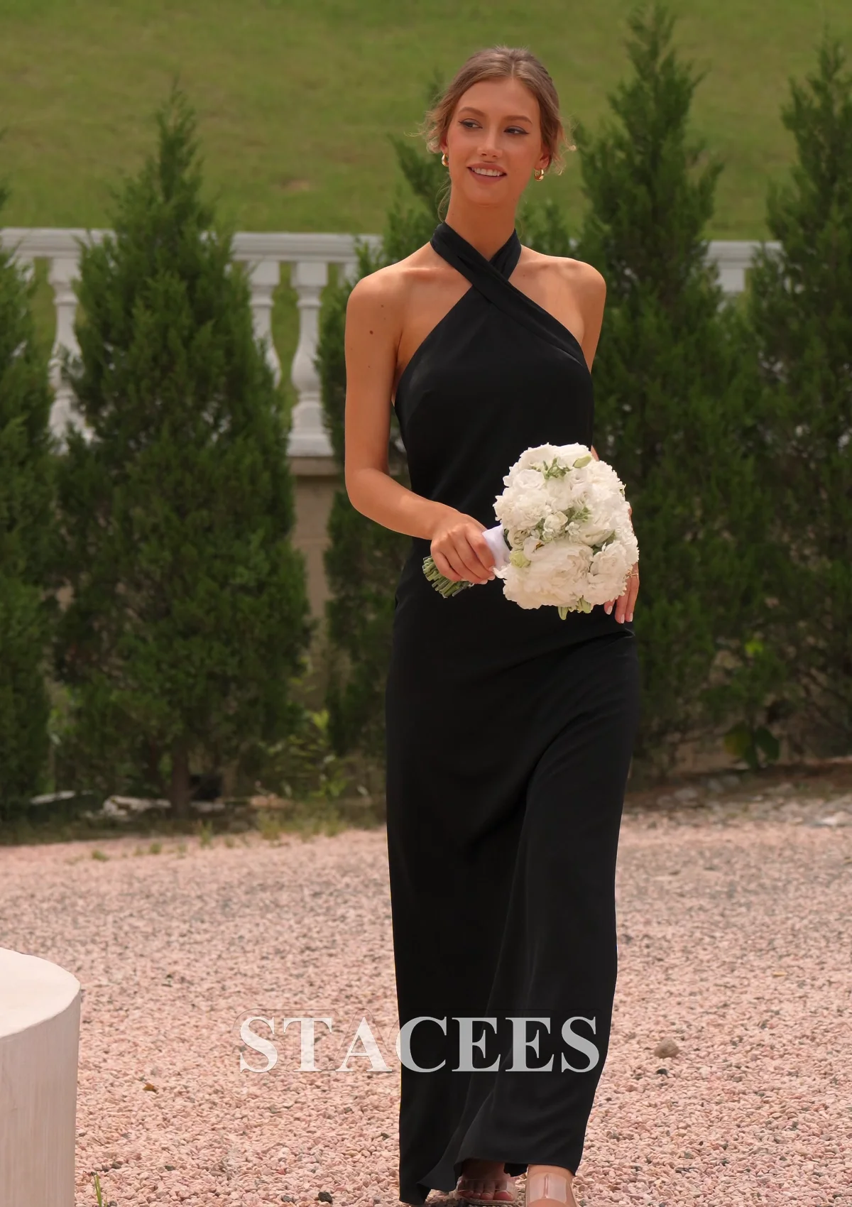 black satin halter bridesmaid dress Morilee Bridesmaid 3030035 Luxe Satin Halter Cowl Neck Dress