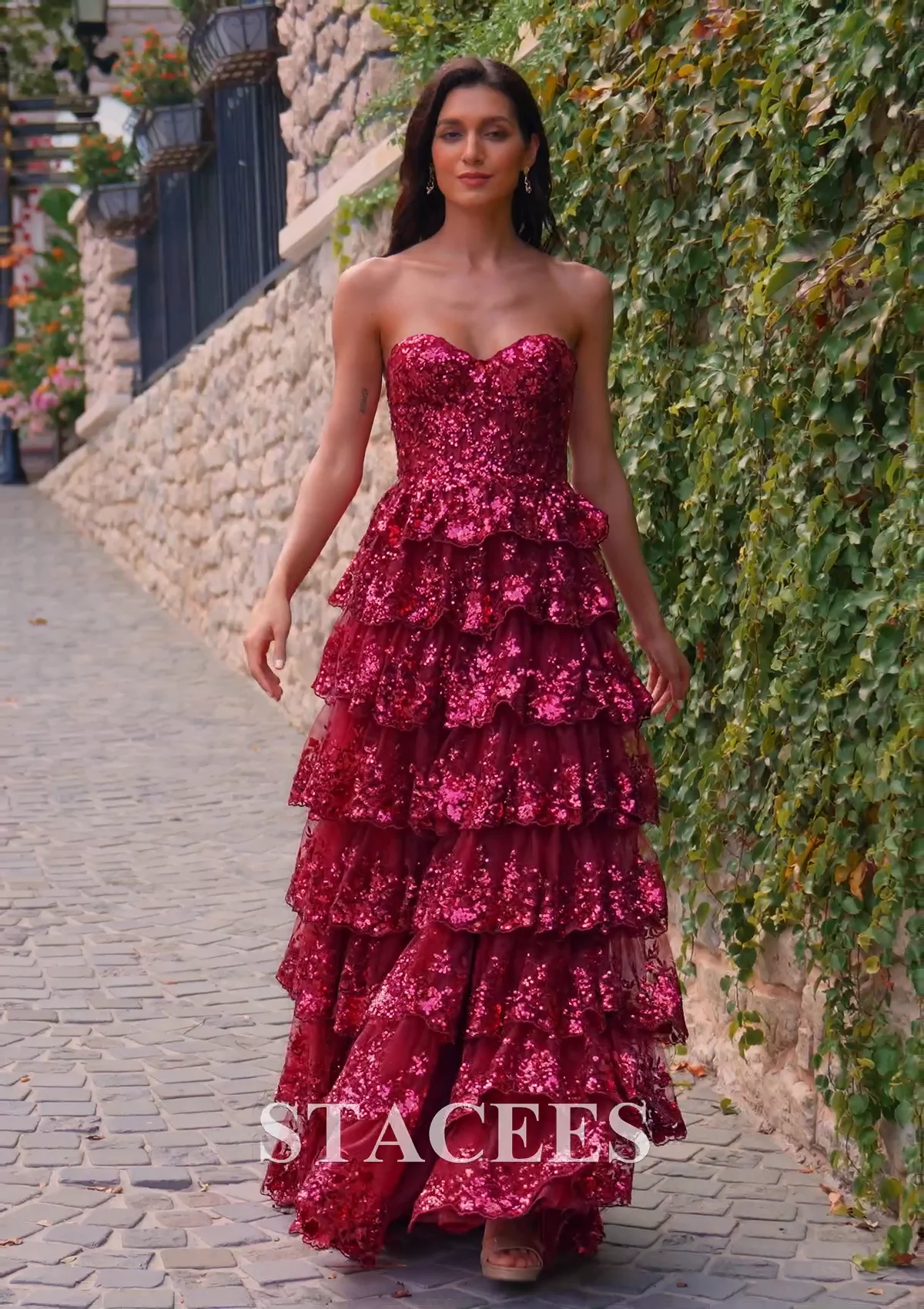 A-line Strapless Sweetheart Sequin Tiered Ruffle Prom Dress with Slit  S8940P - Prom Dresses - Stacees