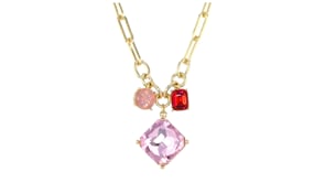 14kt Yellow Gold-Plated Paper Clip Link Necklace with Simulated Tonal-Pink and Red Gemstones