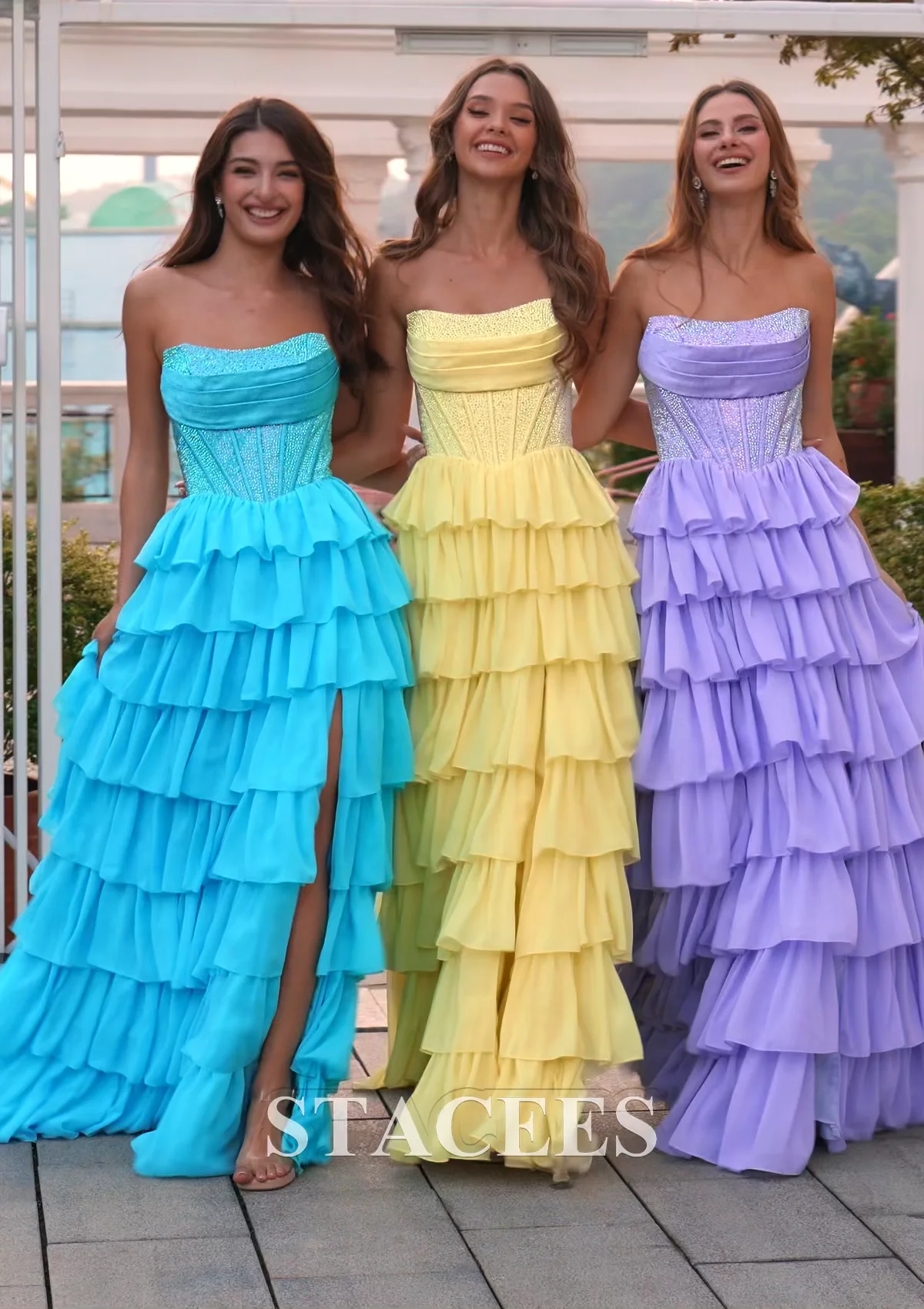 A-line Ruched Strapless Hot Fix Corset Chiffon Tiered Ruffle Prom