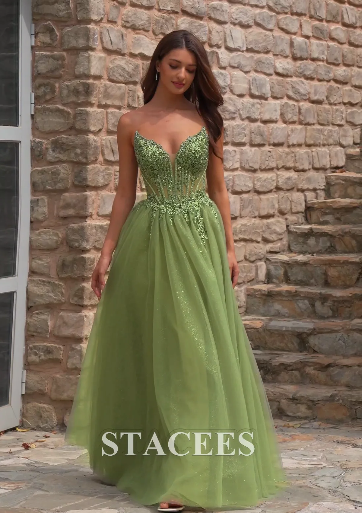 a-line strapless corset tulle floor-length prom dress with leaf lace Stacees 2026 A-line Strapless Corset Royal Blue Prom Dress with Leaf Lace