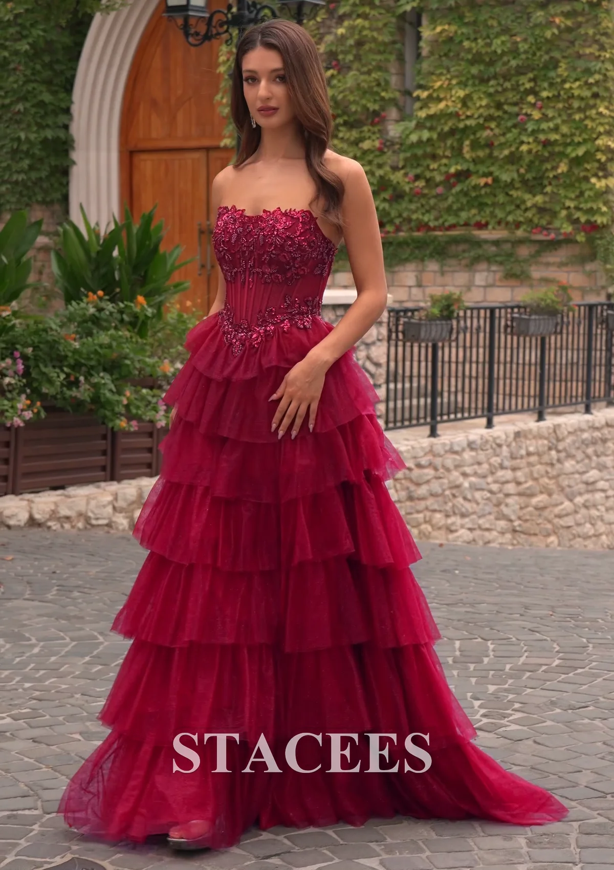 elisabeth pleated tulle formal dress Stacees 2026 Burgundy Layered Prom with Embellished Corset and Slit attribute:primary_color:yellow
