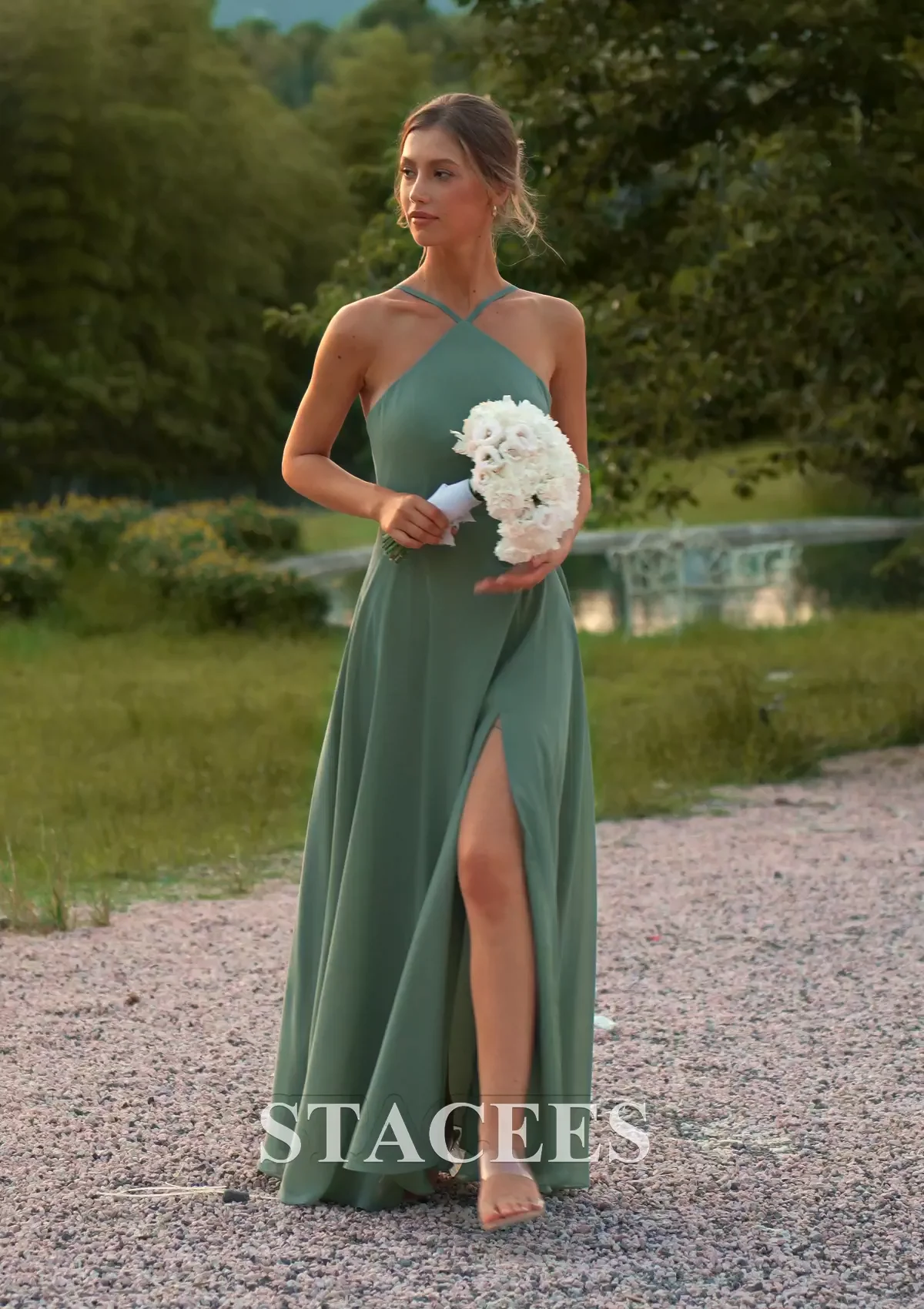 A-line Halter Chiffon Floor-Length Bridesmaid Dress with Slit and Open Back S6101B - Bridesmaid Dresses