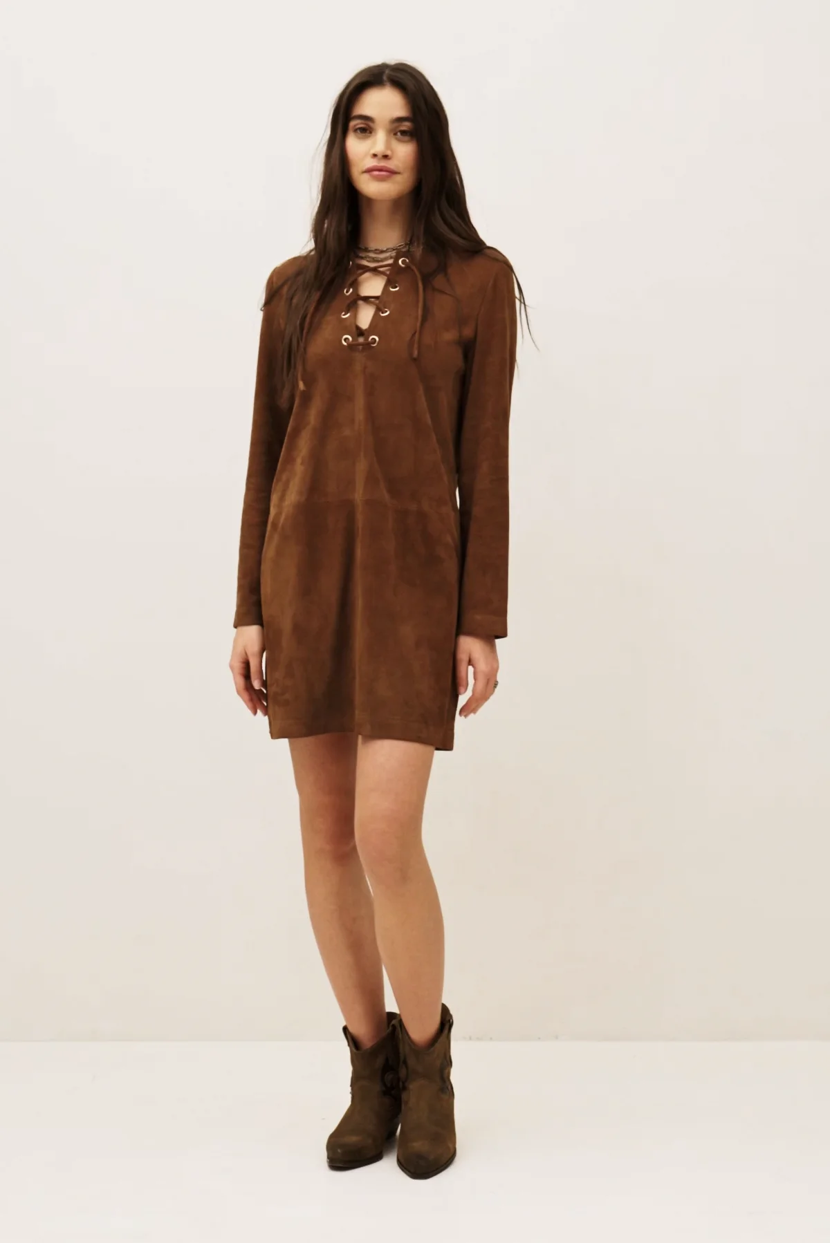 knee length dresses for ladies Eyelet Detailing Suede Leather Mini Dress – LeatherViz