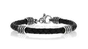 Zina Sterling Silver Mens Braided Black Leather Bracelet